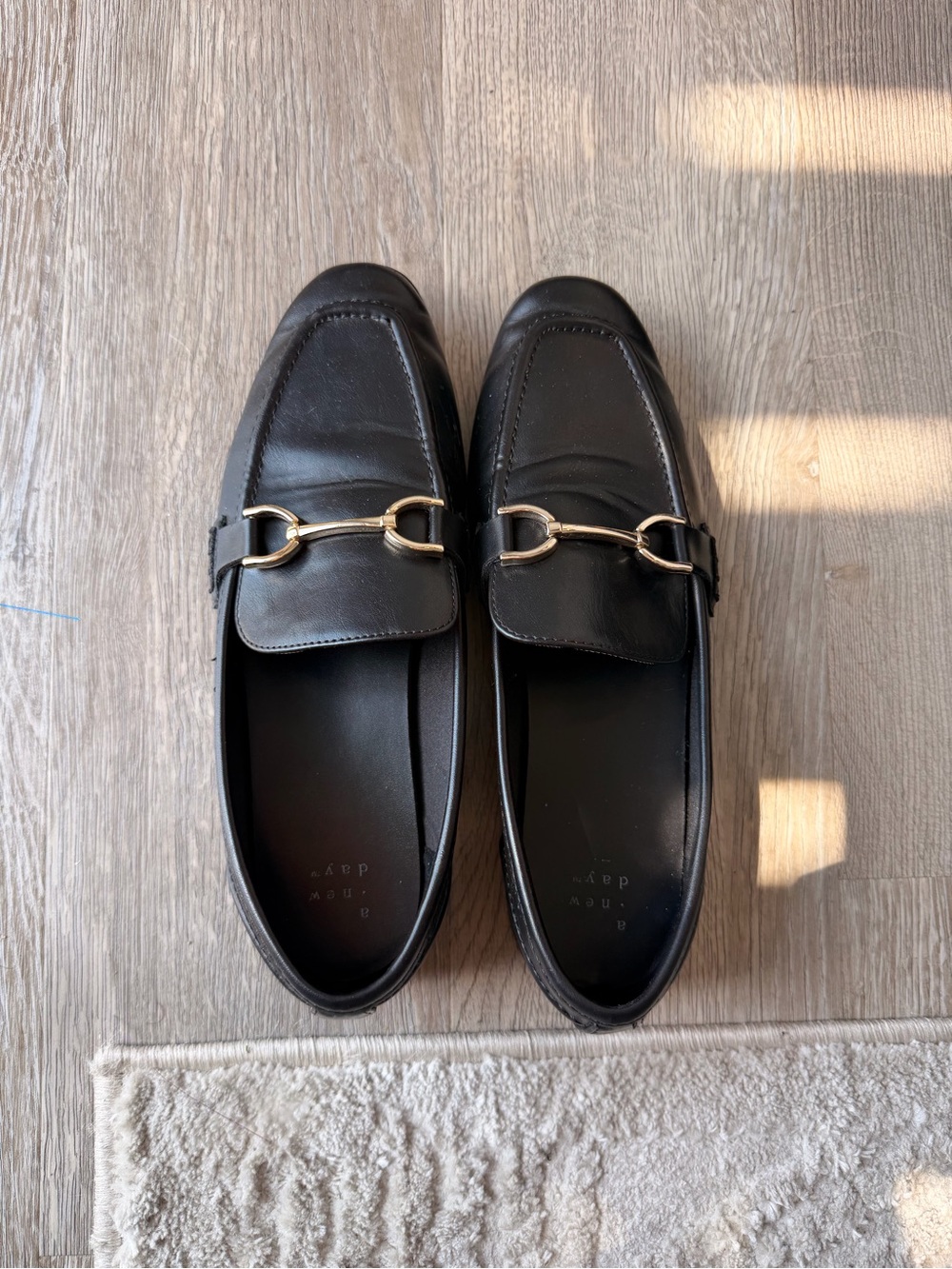 a new day Black Leather Loafers with Gold Bit Accent